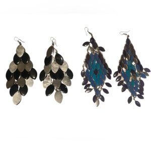 Lot of 2 Teal Black Silver Statement Chandelier Earrings with Cascading Design